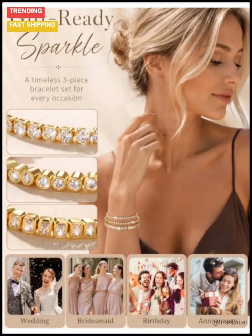 5A CZ Gold Plated Tennis Bracelet Set of 3 Stackable 7.5 Inch Women Jewelry